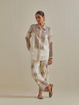 KORA - Women'S Pink Embroidered Collar Neck Shirt with Slip and Pant (Set of 3)