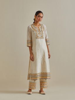 KORA - Women'S Yellow Embroidered Round Neck Kurta Slip with Pant and Dupatta (Set of 4)