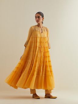 KORA - Women'S Yellow Embroidered Round Neck Kurta with Slip and Pant (Set of 3)