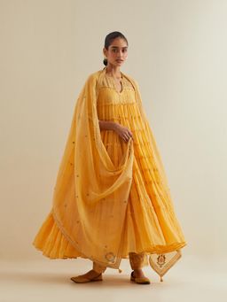 KORA - Women'S Yellow Embroidered Round Neck Kurta Slip with Pant and Dupatta (Set of 4)