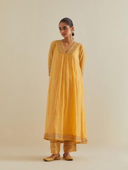 KORA - Women'S Yellow Embroidered V-Neck Neck Kurta with Slip and Pant (Set of 3)