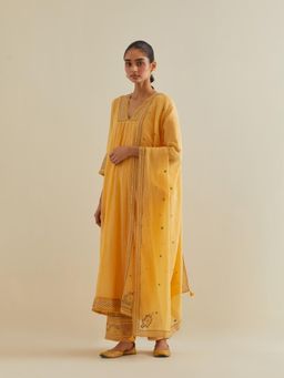 KORA - Women'S Yellow Embroidered Round Neck Kurta Slip with Pant and Dupatta (Set of 4)