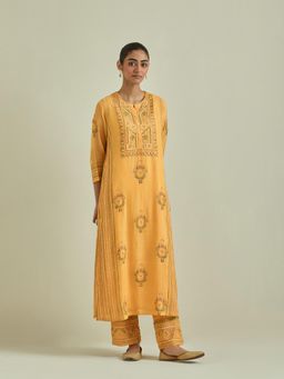 KORA - Women'S Yellow Embroidered Round Neck Kurta with Slip and Pant (Set of 3)