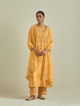 KORA - Women'S Yellow Embroidered Round Neck Kurta Slip with Pant and Dupatta (Set of 4)