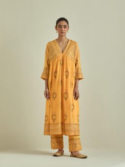 KORA - Women'S Yellow Embroidered Round Neck Kurta with Slip and Pant (Set of 3)
