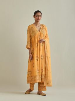 KORA - Women'S Yellow Embroidered V-Neck Neck Kurta Slip with Pant and Dupatta (Set of 4)