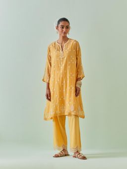KORA - Women'S Yellow Embroidered Round Neck Kurta with Slip and Pant (Set of 3)