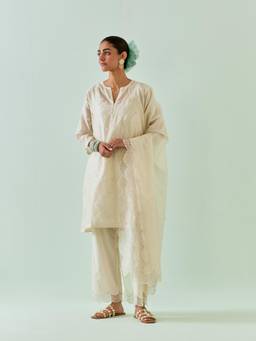 KORA - Women'S Off White Embroidered Round Neck Kurta Slip with Pant and Dupatta (Set of 4)