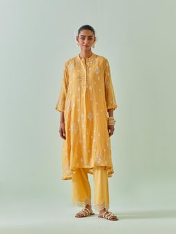 KORA - Women'S Yellow Embroidered Round Neck Kurta with Slip and Pant (Set of 3)