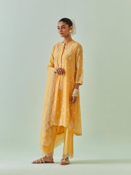 KORA - Women'S Yellow Embroidered Round Neck Kurta Slip with Pant and Dupatta (Set of 4)