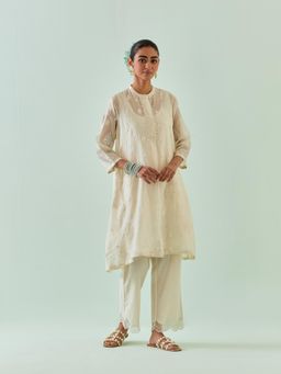 KORA - Women'S Off White Embroidered Round Neck Kurta with Slip with Pant (Set of 3)