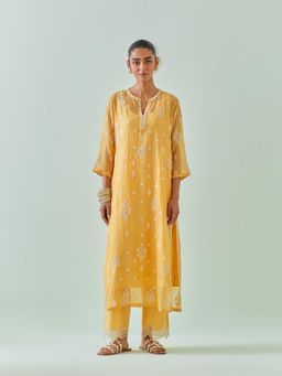 KORA - Women'S Yellow Embroidered Round Neck Kurta with Slip and Pant (Set of 3)