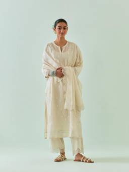 KORA - Women'S Off White Embroidered Round Neck Kurta Slip with Pant and Dupatta (Set of 4)