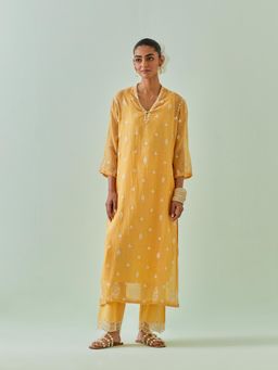 KORA - Women'S Yellow Embroidered V-Neck Neck Kurta with Slip and Pant (Set of 3)
