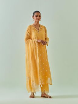 KORA - Women'S Yellow Embroidered Round Neck Kurta Slip with Pant and Dupatta (Set of 4)