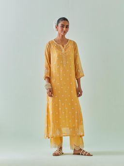 KORA - Women'S Yellow Embroidered Round Neck Kurta with Slip and Pant (Set of 3)