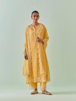 KORA - Women'S Yellow Embroidered Round Neck Kurta Slip with Pant and Dupatta (Set of 4)