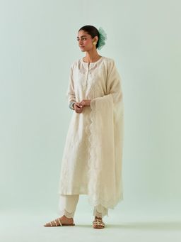 KORA - Women'S Off White Embroidered Round Neck Kurta Slip with Pant and Dupatta (Set of 4)