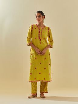 KORA - Women'S Yellow Embroidered Round Neck Kurta with Slip and Pant (Set of 3)