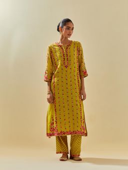 KORA - Women'S Yellow Embroidered Round Neck Kurta with Slip and Pant (Set of 3)