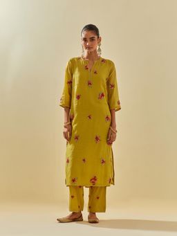 KORA - Women'S Yellow Embroidered Round Neck Kurta with Slip and Pant (Set of 3)