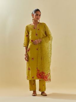 KORA - Women'S Yellow Embroidered Round Neck Kurta Slip with Pant and Dupatta (Set of 4)