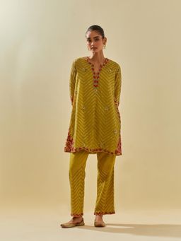 KORA - Women'S Yellow Embroidered Round Neck Kurta with Slip and Pant (Set of 3)