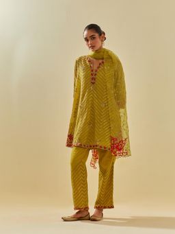 KORA - Women'S Yellow Embroidered Round Neck Kurta Slip with Pant and Dupatta (Set of 4)