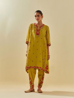 KORA - Women'S Yellow Embroidered Round Neck Kurta with Slip and Pant (Set of 3)