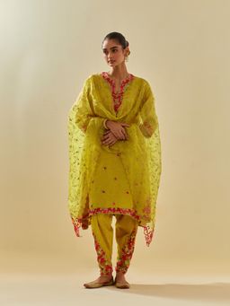 KORA - Women'S Yellow Embroidered Round Neck Kurta Slip with Pant and Dupatta (Set of 4)