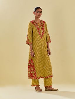 KORA - Women'S Yellow Embroidered Round Neck Kurta with Slip and Pant (Set of 3)
