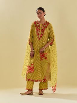 KORA - Women'S Yellow Embroidered Round Neck Kurta Slip with Pant and Dupatta (Set of 4)