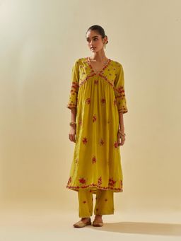 KORA - Women'S Yellow Embroidered Round Neck Kurta with Slip and Pant (Set of 3)