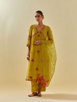 KORA - Women'S Yellow Embroidered V-Neck Neck Kurta Slip with Pant and Dupatta (Set of 4)