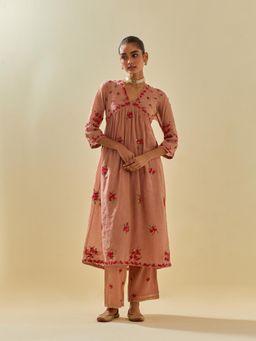 KORA - Women'S Pink Embroidered Round Neck Kurta with Slip (Set of 2)