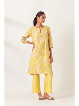 KORA - Women'S Yellow Embroidered Round Neck Kurta with Pant and Slip (Set of 3)