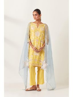 KORA - Women'S Yellow Embroidered Round Neck Kurta Slip with Pant and Dupatta (Set of 4)
