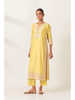 KORA - Women'S Yellow Embroidered Round Neck Kurta with Pant and Slip (Set of 3)