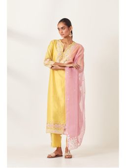 KORA - Women'S Yellow Embroidered Round Neck Kurta Slip with Pant and Dupatta (Set of 4)