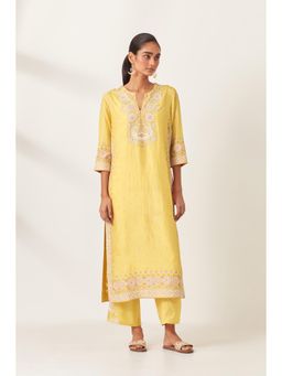 KORA - Women'S Yellow Embroidered Round Neck Kurta with Slip (Set of 2)