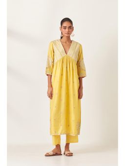 KORA - Women'S Yellow Embroidered Plunging Neck Kurta with Pant (Set of 2)