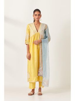KORA - Women'S Yellow Embroidered Round Neck Kurta Slip with Pant and Dupatta (Set of 4)