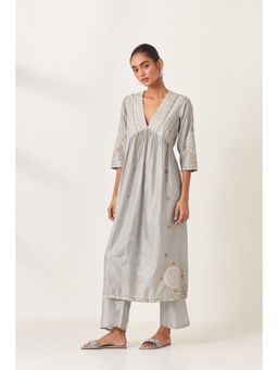 KORA - Women'S Grey Embroidered Plunging Neck Kurta