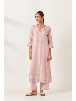 KORA - Women'S Pink Embroidered Round Neck Kurta with Slip (Set of 2)