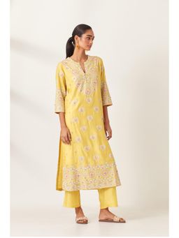 KORA - Women'S Yellow Embroidered Round Neck Kurta with Pant and Slip (Set of 3)