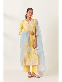 KORA - Women'S Yellow Embroidered Round Neck Kurta Slip with Pant and Dupatta (Set of 4)