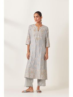 KORA - Women'S Grey Embroidered Round Neck Kurta with Slip (Set of 2)