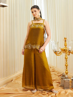 Colors Of Earth - Women'S Silk Embroidered Gold Kurti and Palazzo with Dupatta