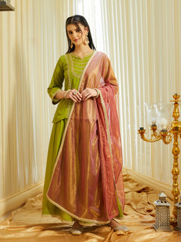 Colors Of Earth - Women'S Silk Embroidered Green Kurti and Sharara with Dupatta