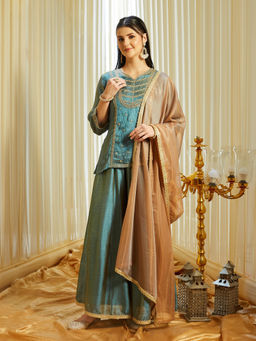 Colors Of Earth - Women'S Silk Embroidered Blue Kurti and Sharara with Dupatta